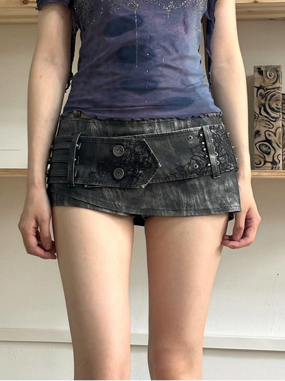 Update OPEN AESTHETIC Metal Punk Rivet Embroidered Belt Washed Leather Skort