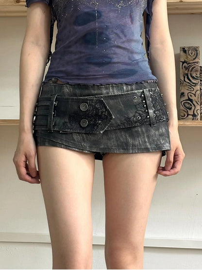 Metal Punk Rivet Embroidered Belt Washed Leather Skort