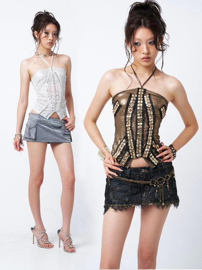 OPEN AESTHETIC Metallic Rhinestone Sequin Cropped Halter Women&