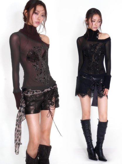 OPEN AESTHETIC One Shoulder High Neck Embroidered Beaded Ribbed Knit Women&
