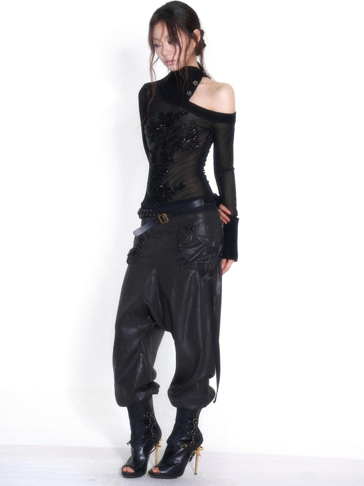 OPEN AESTHETIC One Shoulder High Neck Embroidered Beaded Ribbed Knit Women&