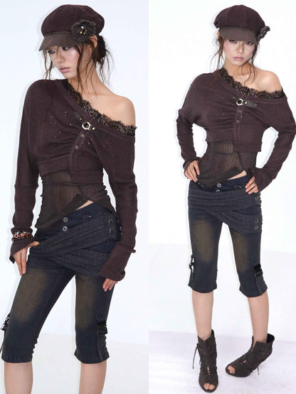 OPEN_AESTHETIC_One_Shoulder_Rhinestone_Lace_Patchwork_Slim_Fit_Women&