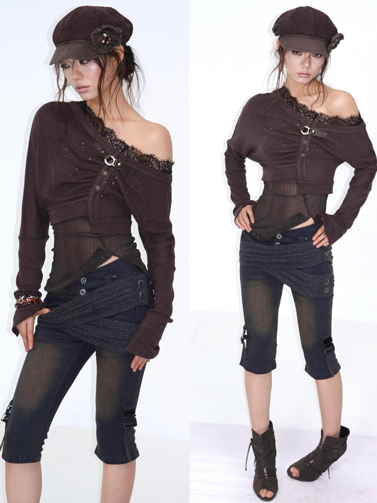 OPEN AESTHETIC One Shoulder Rhinestone Lace Patchwork Slim Fit Women&