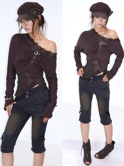 OPEN AESTHETIC One Shoulder Rhinestone Lace Patchwork Slim Fit Women&