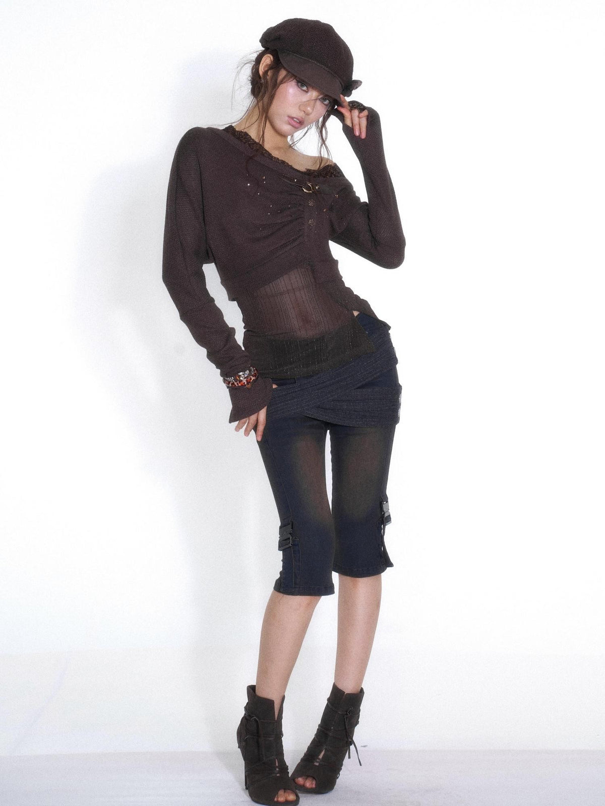 OPEN AESTHETIC One Shoulder Rhinestone Lace Patchwork Slim Fit Women&