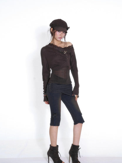 OPEN AESTHETIC One Shoulder Rhinestone Lace Patchwork Slim Fit Women&