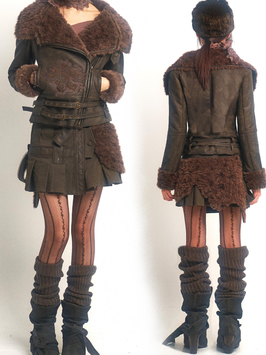 Update OPEN AESTHETIC Open Aesthetic Pleated Skirt With Detachable Fur Leather Trim