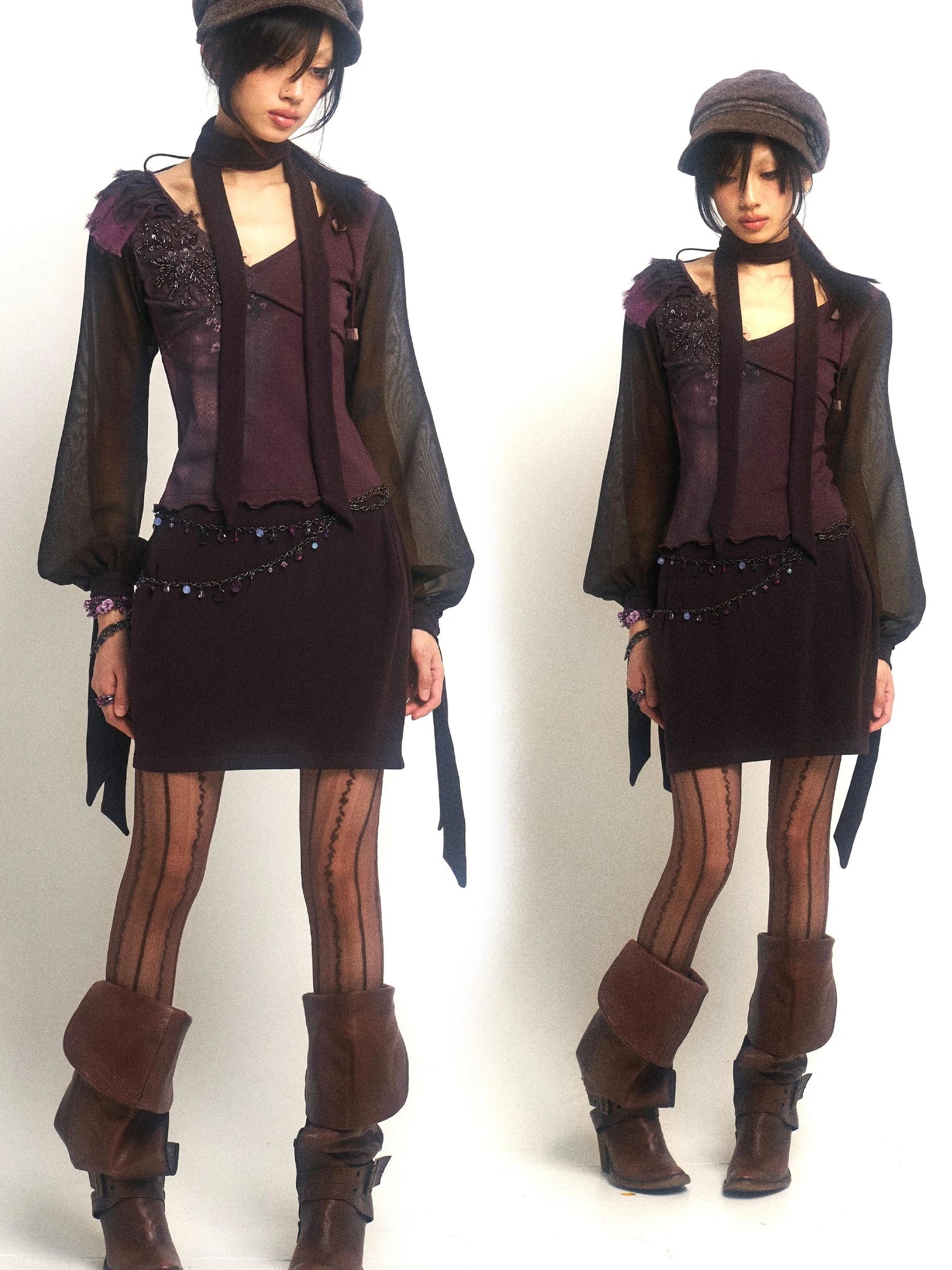 Open Aesthetic Print Knit Mesh Beaded Dress