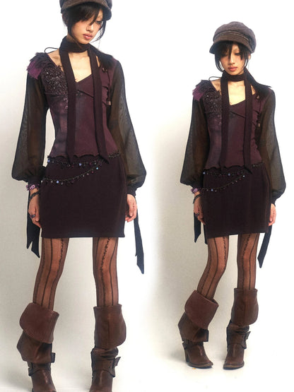 Open Aesthetic Print Knit Mesh Beaded Dress