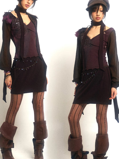 Open Aesthetic Print Knit Mesh Beaded Dress