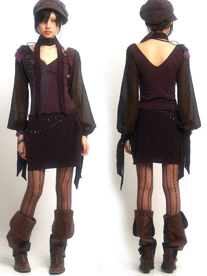 Open Aesthetic Print Knit Mesh Beaded Dress