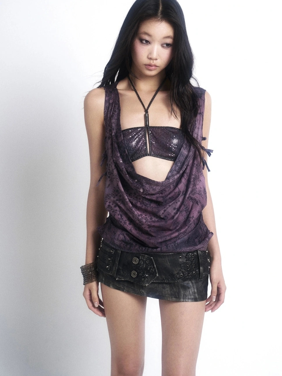 OPEN AESTHETIC Original Design Backless Hand Drawn Graphic Slim Fit Women Deep Purple Tank Top