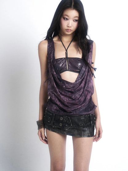 OPEN AESTHETIC Original Design Backless Hand Drawn Graphic Slim Fit Women Deep Purple Tank Top