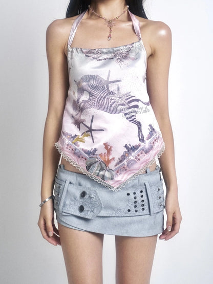 OPEN AESTHETIC Original Design Halter Neck Cropped Loose Fit Women Animal Print White Tank Top
