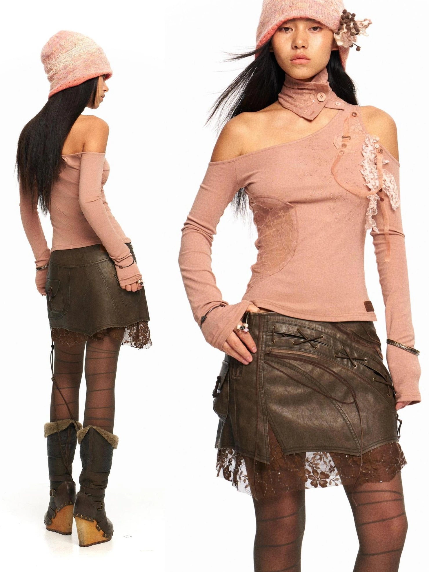 OPEN AESTHETIC Original Design One Shoulder Asymmetric Women Solid Mauve S M L T-Shirt