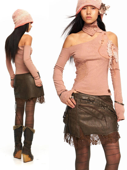 OPEN AESTHETIC Original Design One Shoulder Asymmetric Women Solid Mauve S M L T-Shirt