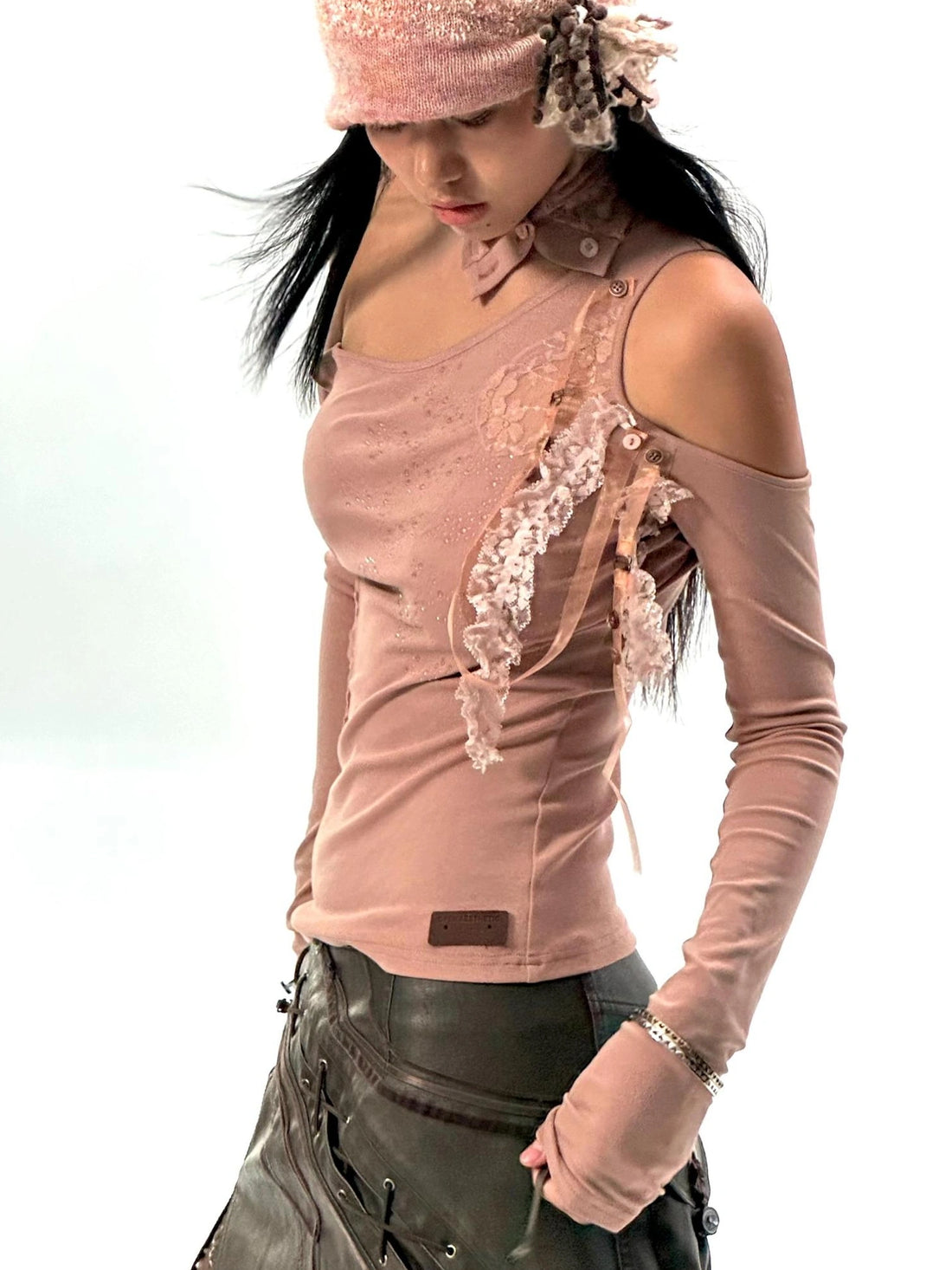 OPEN AESTHETIC Original Design One Shoulder Asymmetric Women Solid Mauve S M L T-Shirt