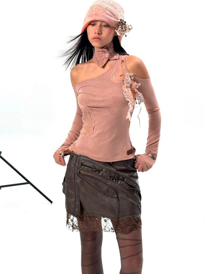 OPEN AESTHETIC Original Design One Shoulder Asymmetric Women Solid Mauve S M L T-Shirt