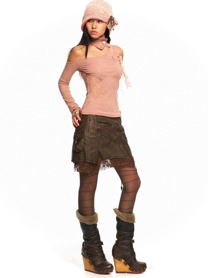 OPEN AESTHETIC Original Design One Shoulder Asymmetric Women Solid Mauve S M L T-Shirt