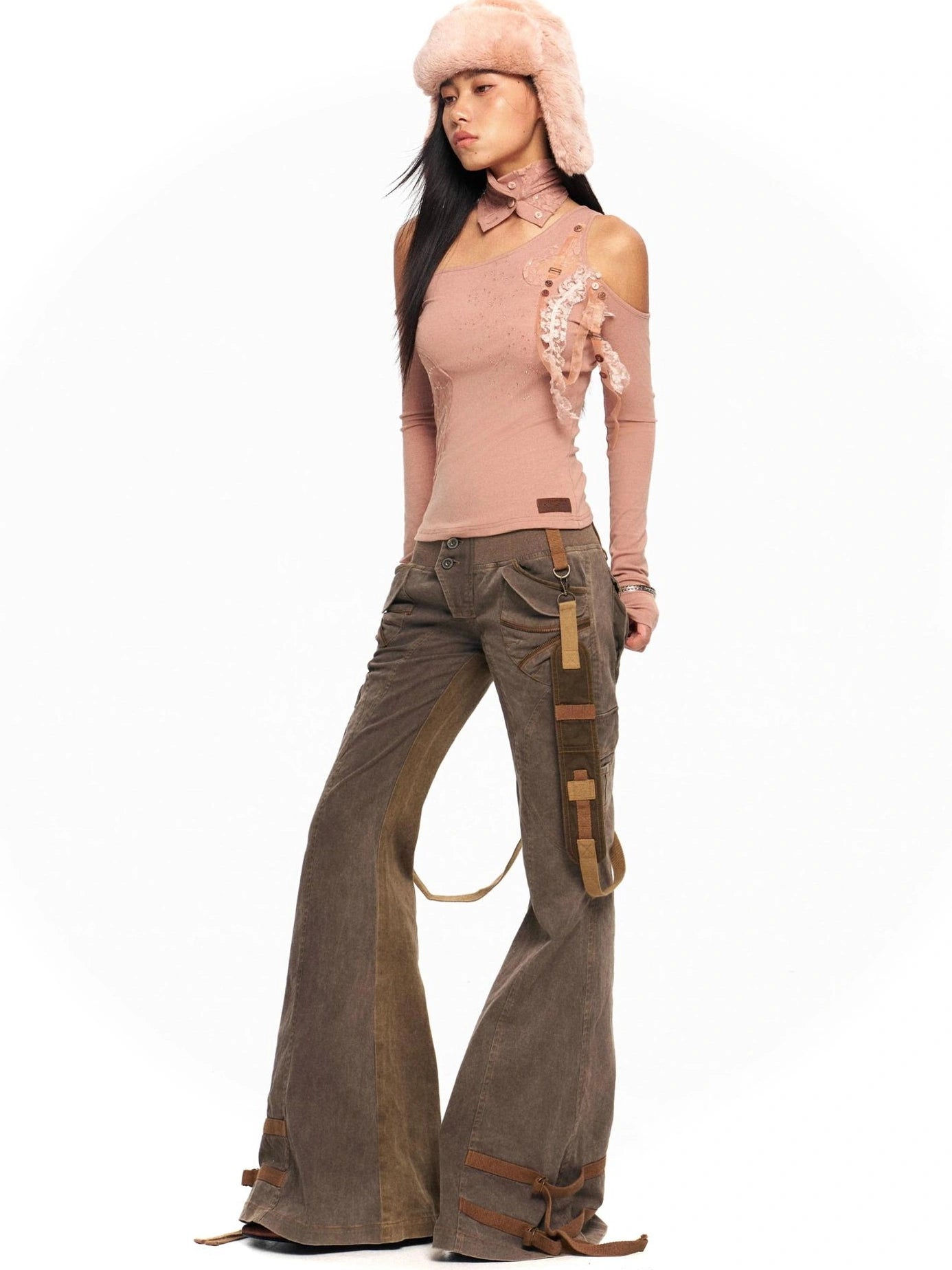 OPEN AESTHETIC Original Design One Shoulder Asymmetric Women Solid Mauve S M L T-Shirt