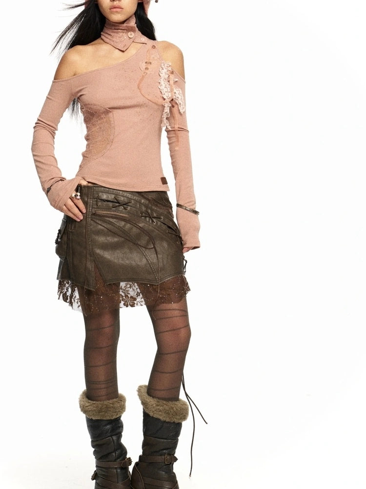 OPEN AESTHETIC Original Design One Shoulder Asymmetric Women Solid Mauve S M L T-Shirt