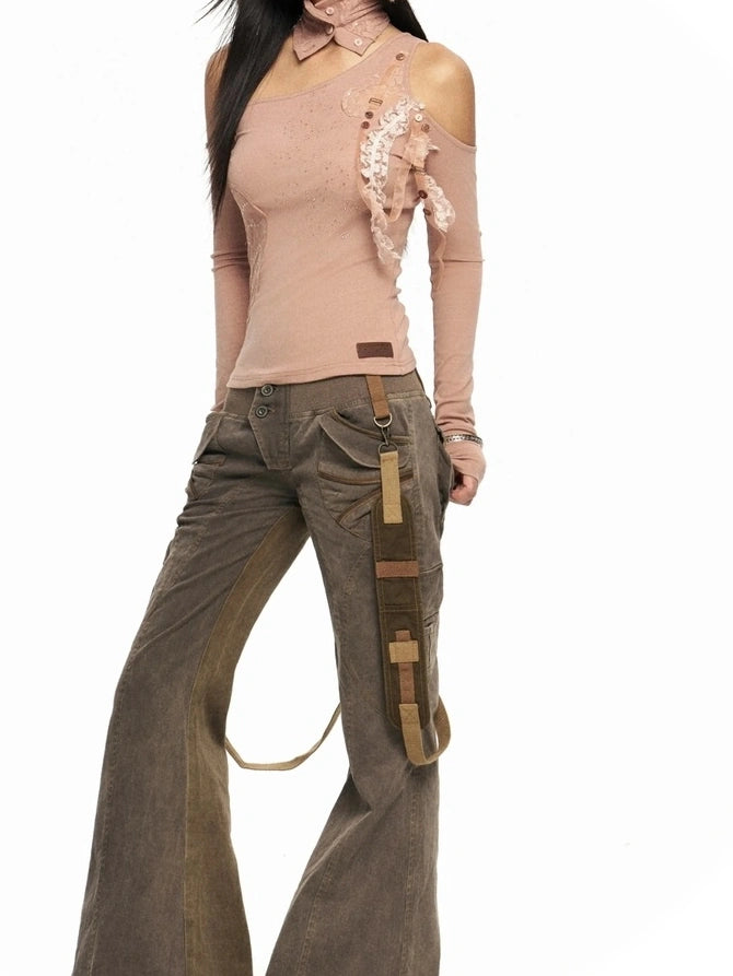 OPEN AESTHETIC Original Design One Shoulder Asymmetric Women Solid Mauve S M L T-Shirt