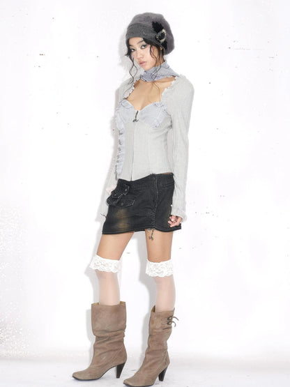 OPEN AESTHETIC Original Design Zip Up Ruffle Slim Fit Women Blue Gray Cotton Knit Sweatshirt