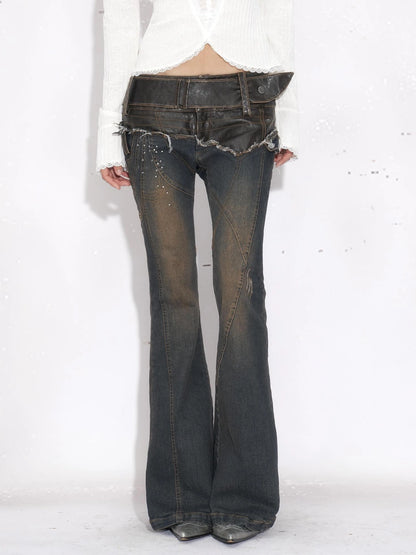 OPEN AESTHETIC Patchwork Low Rise Micro Flare Stretch Women Casual Washed Blue Denim Jeans