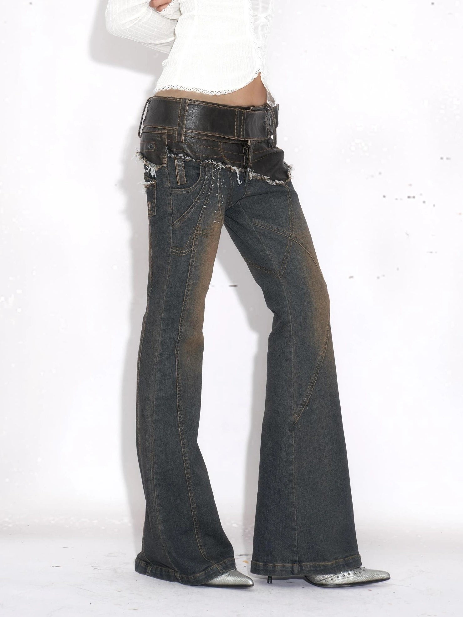 OPEN AESTHETIC Patchwork Low Rise Micro Flare Stretch Women Casual Washed Blue Denim Jeans