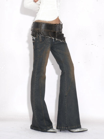 OPEN AESTHETIC Patchwork Low Rise Micro Flare Stretch Women Casual Washed Blue Denim Jeans