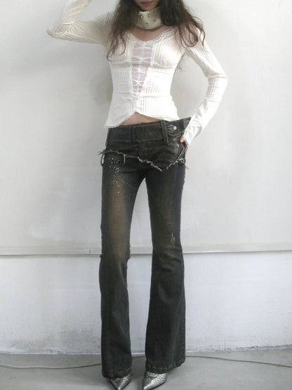 OPEN AESTHETIC Patchwork Low Rise Micro Flare Stretch Women Casual Washed Blue Denim Jeans