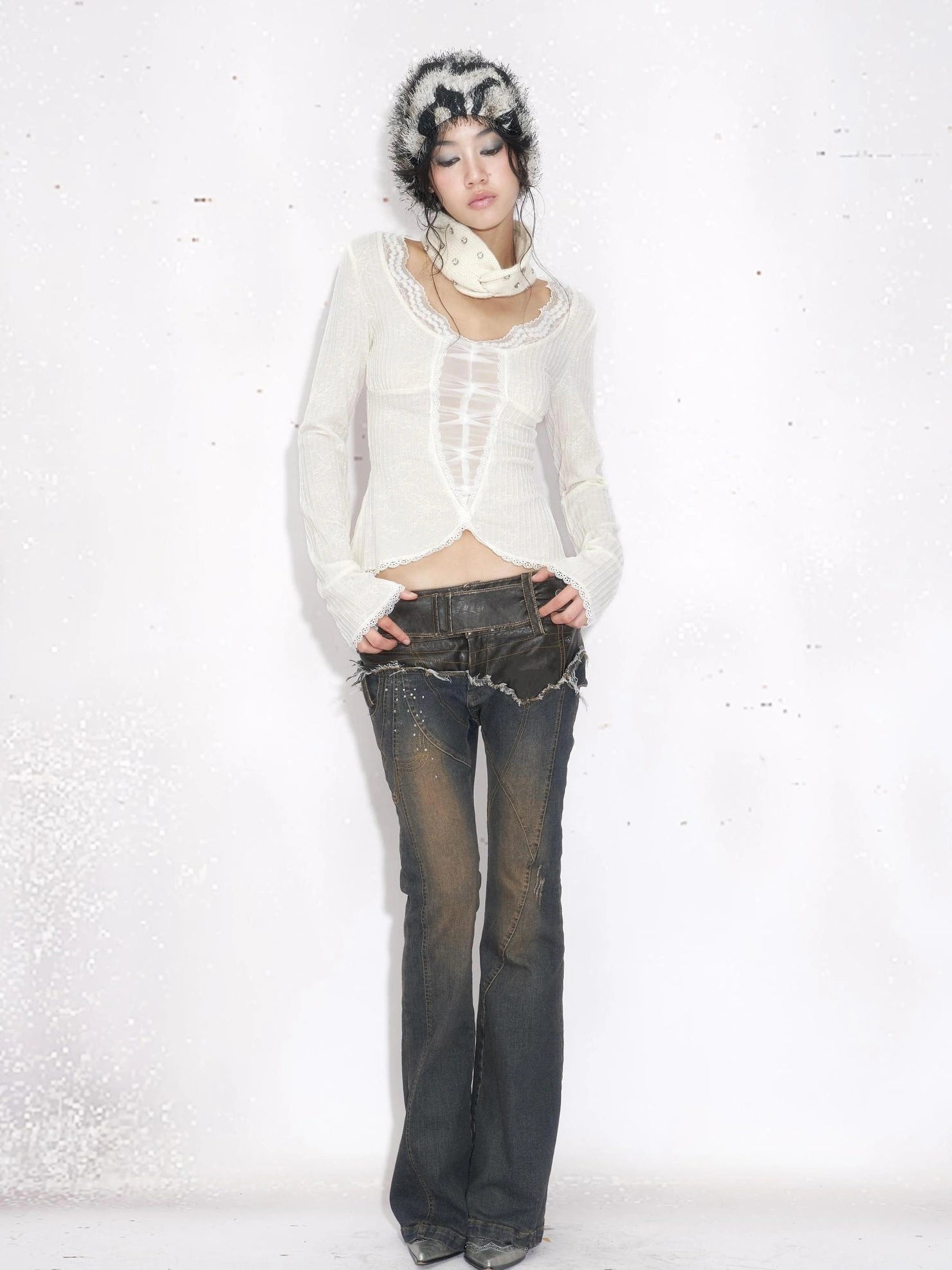 OPEN AESTHETIC Patchwork Low Rise Micro Flare Stretch Women Casual Washed Blue Denim Jeans