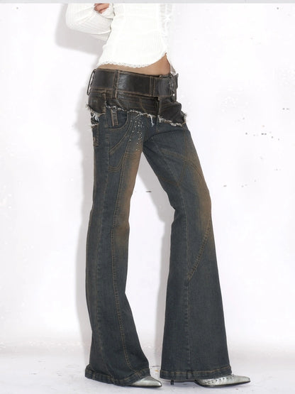 OPEN AESTHETIC Patchwork Low Rise Micro Flare Stretch Women Casual Washed Blue Denim Jeans