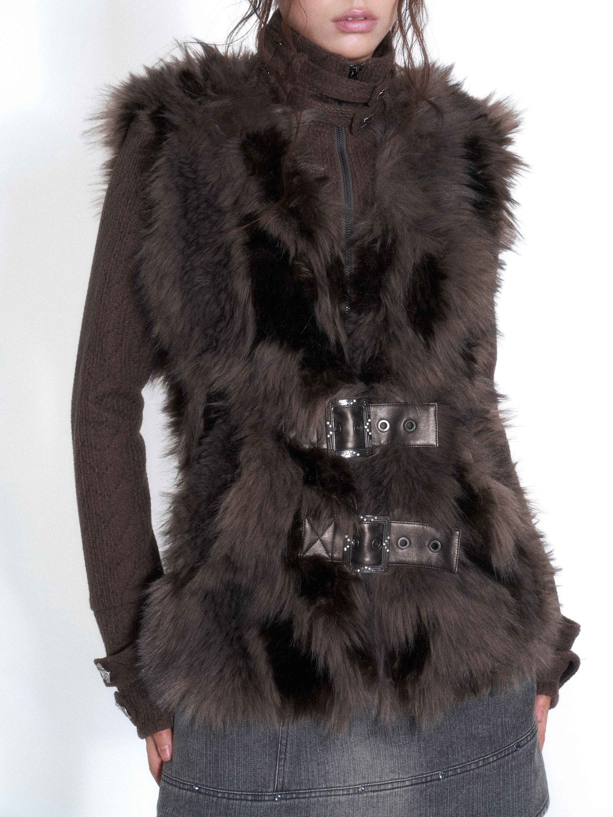 OPEN_AESTHETIC_Plush_Paneled_High_Neck_Double_Button_Slim_Fit_Women&