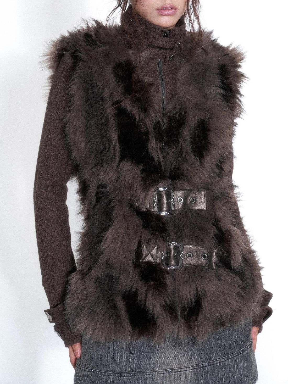 OPEN AESTHETIC Plush Paneled High Neck Double Button Slim Fit Women&