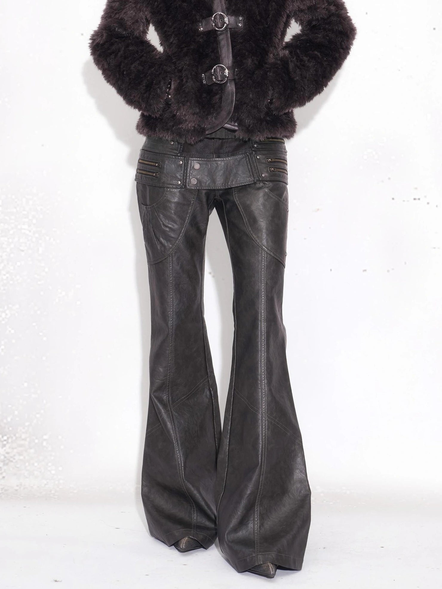 OPEN AESTHETIC Pu Leather Patchwork Double Waistband Low Rise Micro Flare Women Black Pants