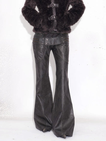 OPEN AESTHETIC Pu Leather Patchwork Double Waistband Low Rise Micro Flare Women Black Pants