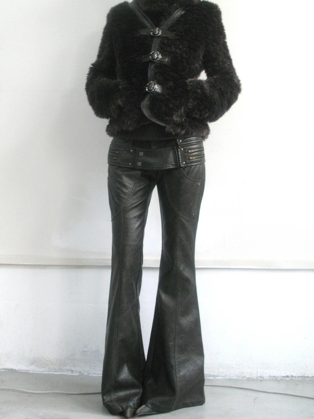 OPEN AESTHETIC Pu Leather Patchwork Double Waistband Low Rise Micro Flare Women Black Pants