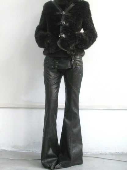 OPEN AESTHETIC Pu Leather Patchwork Double Waistband Low Rise Micro Flare Women Black Pants