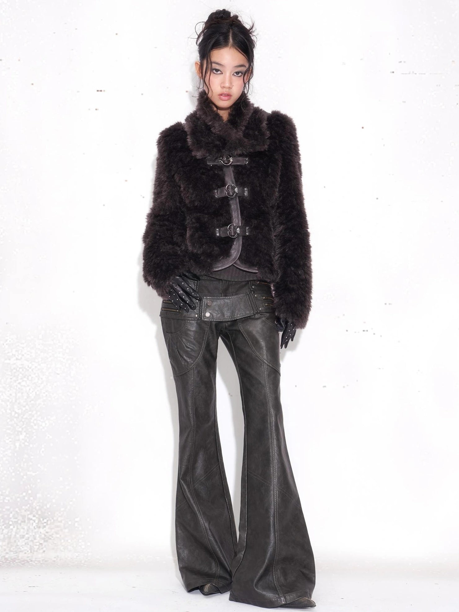 OPEN AESTHETIC Pu Leather Patchwork Double Waistband Low Rise Micro Flare Women Black Pants