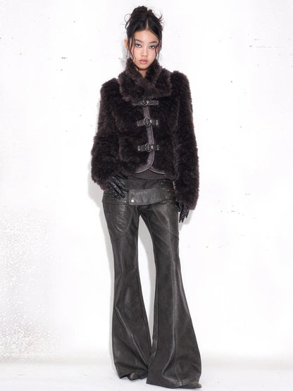 OPEN AESTHETIC Pu Leather Patchwork Double Waistband Low Rise Micro Flare Women Black Pants