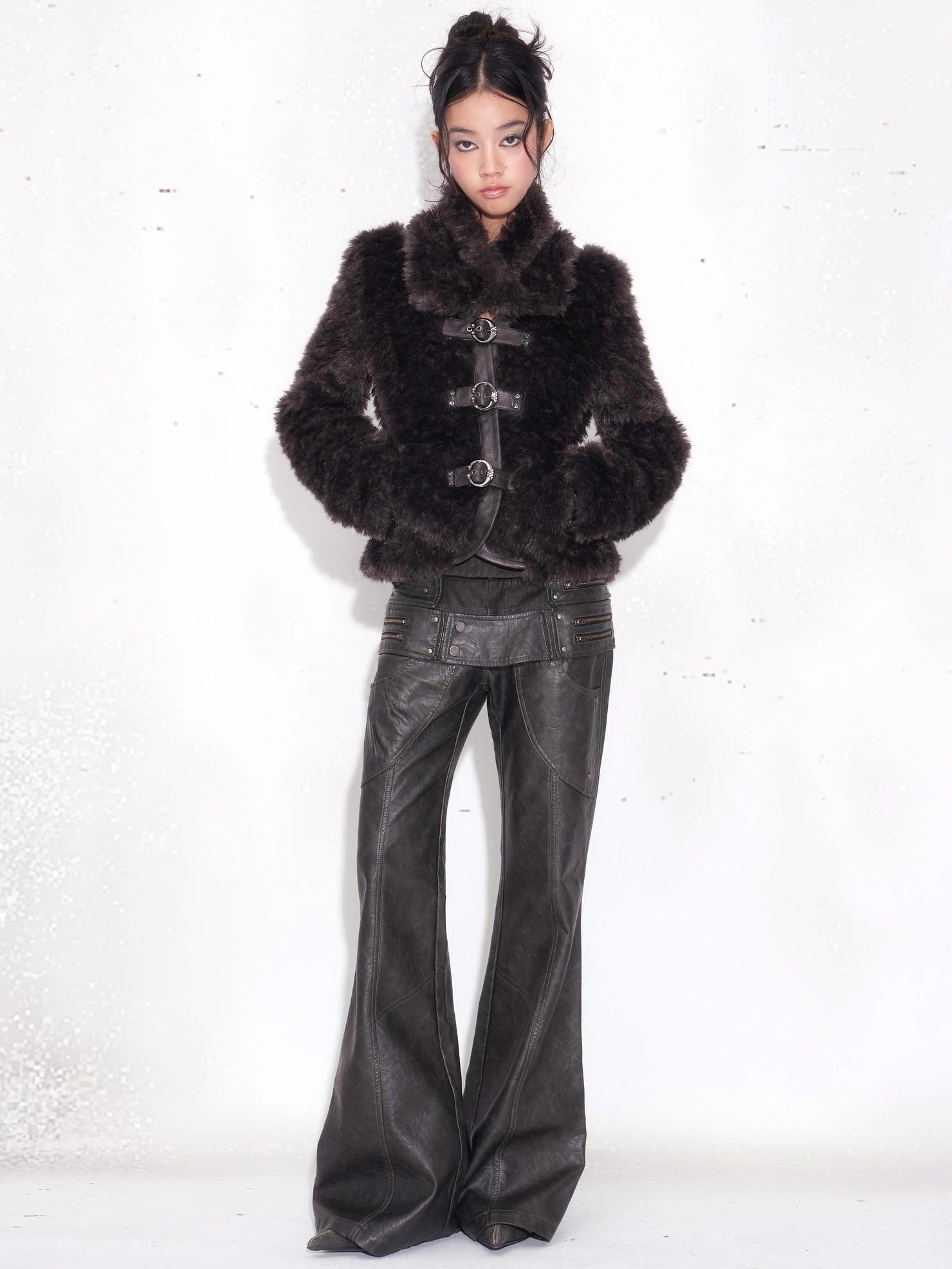 OPEN AESTHETIC Pu Leather Patchwork Double Waistband Low Rise Micro Flare Women Black Pants