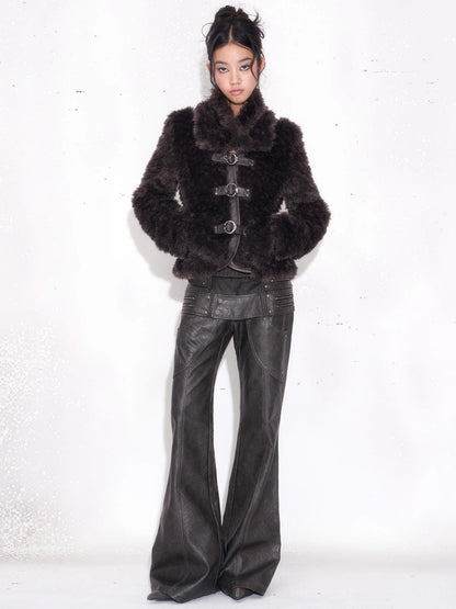 OPEN AESTHETIC Pu Leather Patchwork Double Waistband Low Rise Micro Flare Women Black Pants