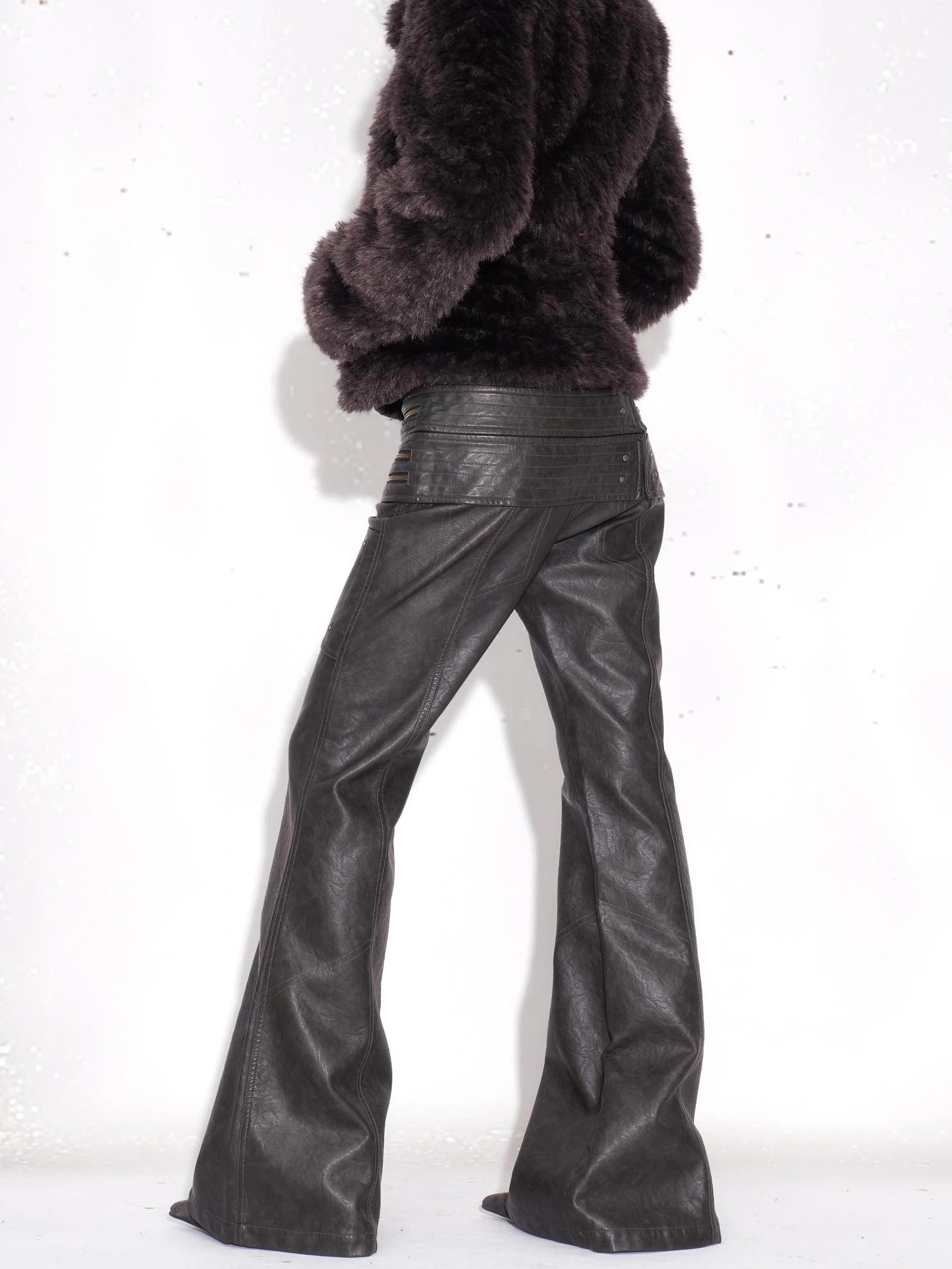 OPEN AESTHETIC Pu Leather Patchwork Double Waistband Low Rise Micro Flare Women Black Pants