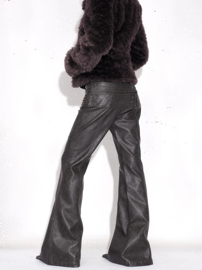 OPEN AESTHETIC Pu Leather Patchwork Double Waistband Low Rise Micro Flare Women Black Pants