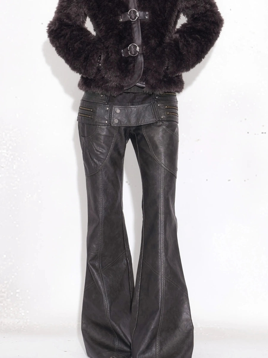 OPEN AESTHETIC Pu Leather Patchwork Double Waistband Low Rise Micro Flare Women Black Pants