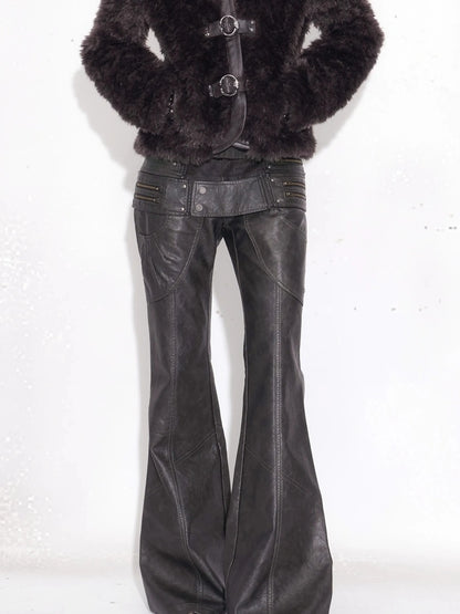 OPEN AESTHETIC Pu Leather Patchwork Double Waistband Low Rise Micro Flare Women Black Pants