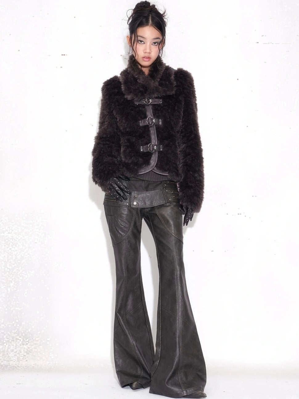 OPEN AESTHETIC Pu Leather Patchwork Double Waistband Low Rise Micro Flare Women Black Pants