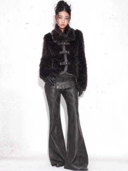 OPEN AESTHETIC Pu Leather Patchwork Double Waistband Low Rise Micro Flare Women Black Pants