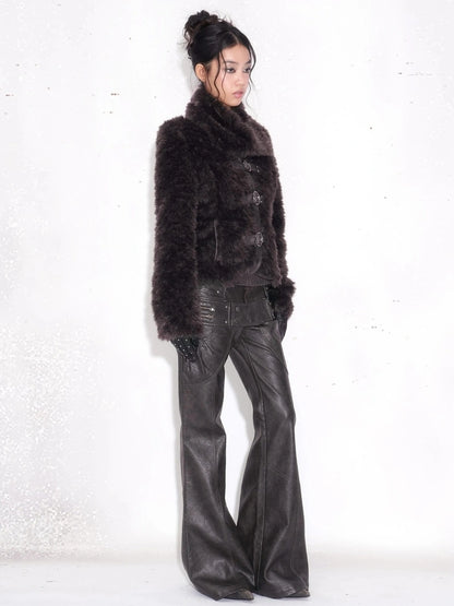 OPEN AESTHETIC Pu Leather Patchwork Double Waistband Low Rise Micro Flare Women Black Pants